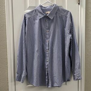 Donni the Pop Shirt Navy Stripe - Blue and White Striped Button-Up Shirt- L